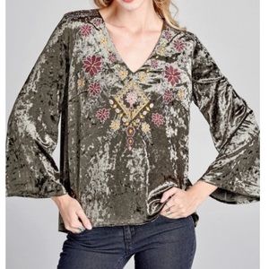 NWT BOHO green vintage crushed velvet embroidered top small medium large new